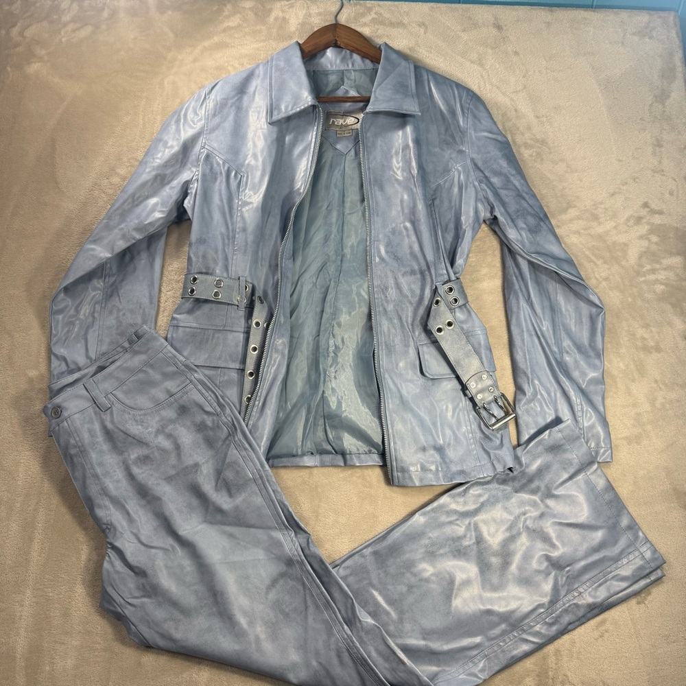 Vintage Y2K RAVE Vegan Leather Jacket Buckle Light BlueSz M  w/ Pants Sz 9